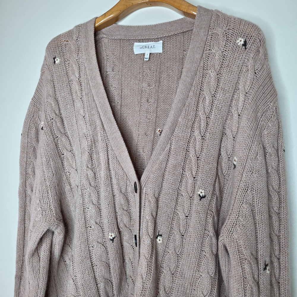 THE GREAT. Taupe Cable Knit Cardigan